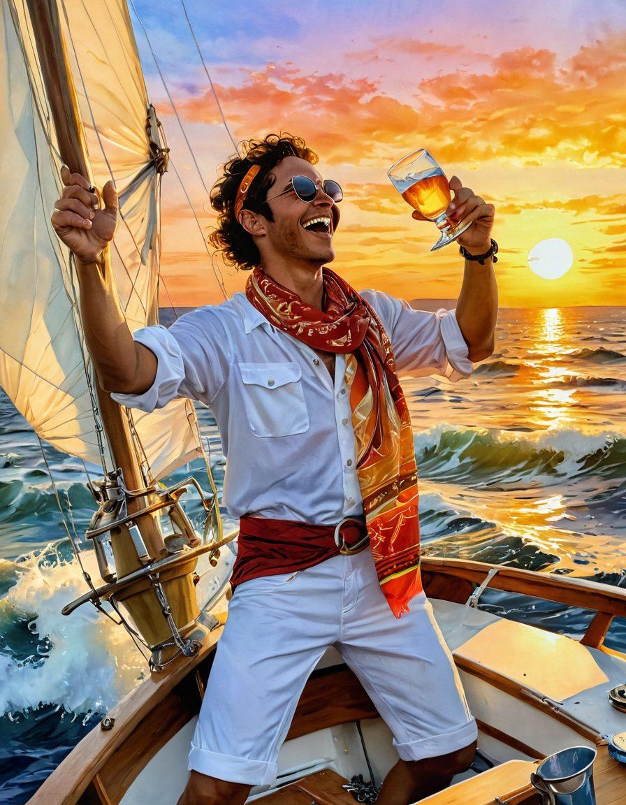 A lively scene of a nautical rogue celebrating life on a vibrant sailboat, surrounded by crashing waves and a golden sunset. The rogue, wearing a colorful bandana and holding a celebratory drink, stands at the helm with a big smile. Sailors in the background are laughing and dancing, creating an atmosphere of joy and adventure. Marine elements like seagulls and seashells subtly decorate the scene. watercolor painting. vibrant colors.