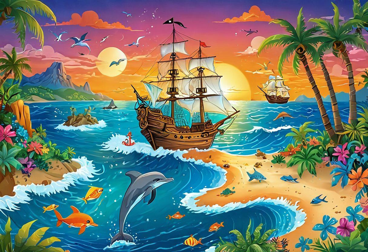 A whimsical treasure map featuring an enticing oceanic landscape filled with vibrant islands, cheerful sea creatures, and a beautiful sunset. In the foreground, a cartoonish pirate ship sails joyfully, surrounded by sparkling waves, with a cheerful adventurer holding a compass and magnifying glass, eagerly looking for hidden treasures. The map includes playful illustrations of palm trees, treasure chests, and playful dolphins. vibrant colors. cartoon style.