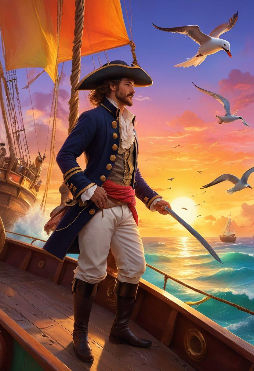 A whimsically vibrant scene of a cheerful rogue sailing on a colorful pirate ship, surrounded by playful dolphins and seagulls. The horizon glows with a radiant sunset, casting warm colors across the waves. The rogue wears a bright, eclectic outfit with a wide-brimmed hat, exuding joy and adventure as he raises a flag adorned with a smiley face. The ocean sparkles with hints of gold, inviting viewers to embrace the spirit of adventure. bright colors. fantasy art.